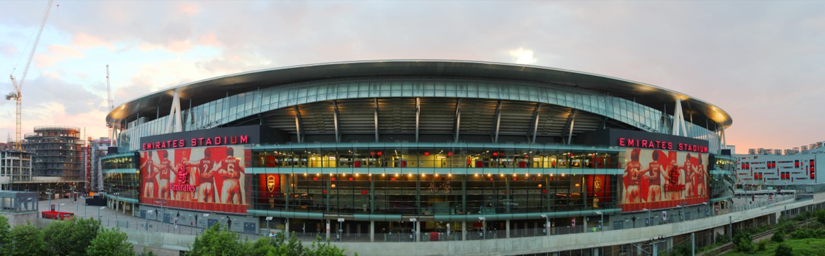 The Emirates Stadium at dusk, home of Arsenal FC